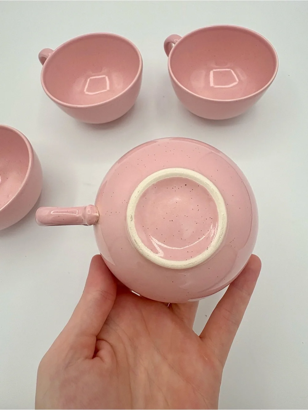 Vintage Set of 4 Pink Tea Cups Short Speckled Mid Century Modern Decor Serving